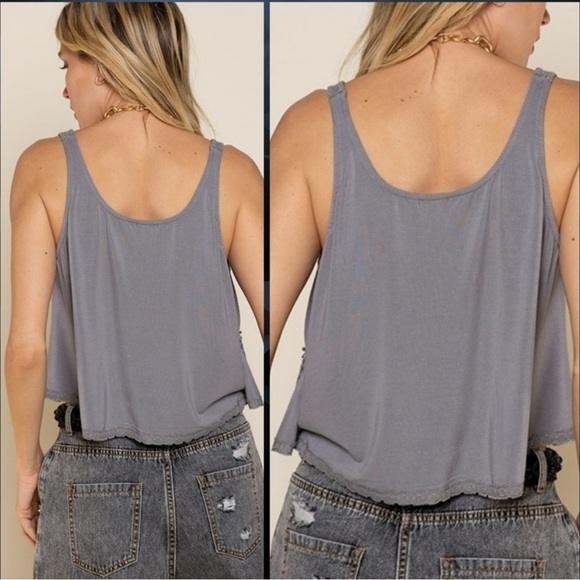 POL Crochet Lace Trim Sleeveless Grey Cropped Top Small - Picture 2 of 9